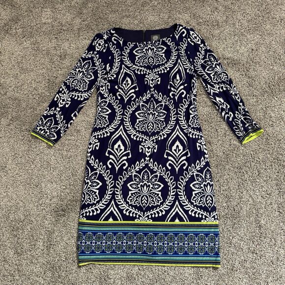 Vince Camuto Dresses & Skirts - Vince Camuto Blue Neon Paisley Floral Shift Dress 3/4 Sleeve Women’s Size 8